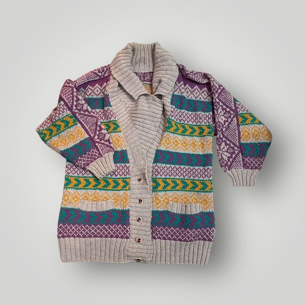 Vintage Geometric Button Cardigan Sweater Large Wool Statement Cozy Warm Unique - Picture 2 of 9